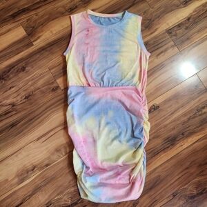 Pastel Tie Dye Pink Blue Yellow Sleeveless Dress with Gathered Skirt Size M